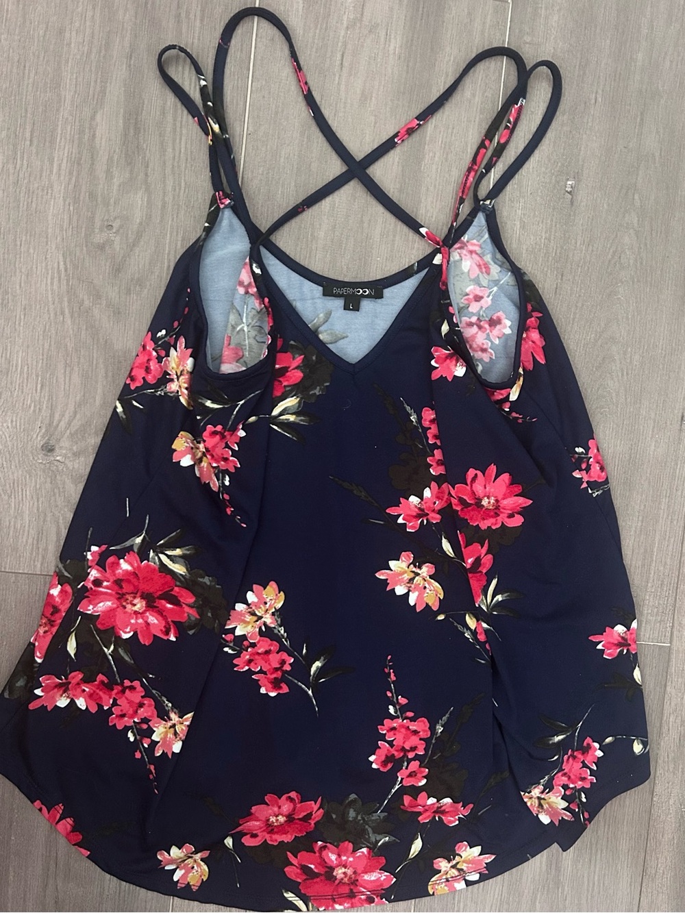 Papermoon Navy Floral strappy tank top with Pink Blooms